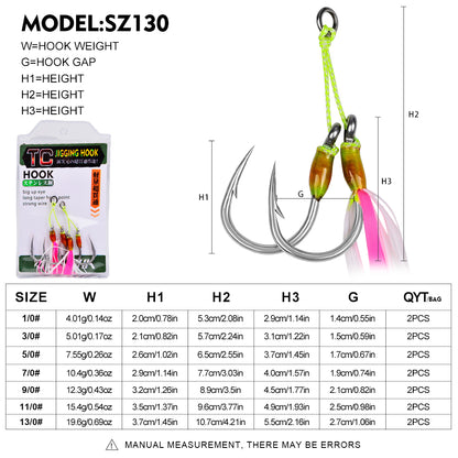 Detailed weight and size specification chart for Proberos SZ130 tied assist hooks from size 1/0 to 13/0.