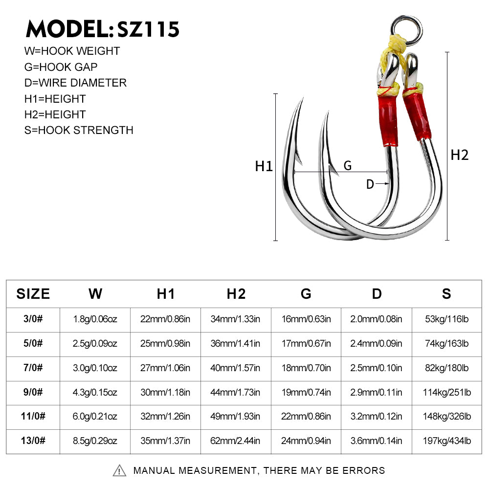 PROBEROS Jigging Double Assist Hook Size Specs Chart 3/0# to 13/0#