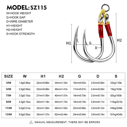 PROBEROS Jigging Double Assist Hook Size Specs Chart 3/0# to 13/0#