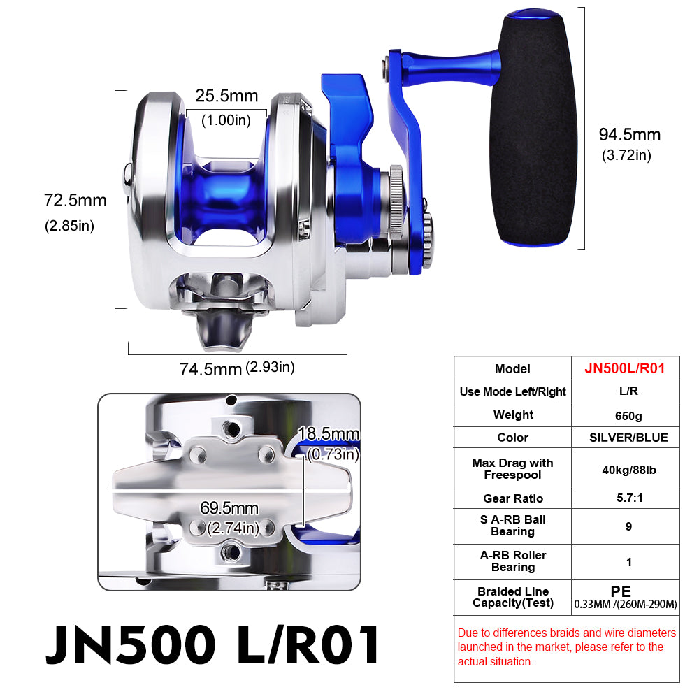 PROBEROS JN500 Jigging Reel Silver Blue JN500L/R01 and Silver Gold JN500L/R02