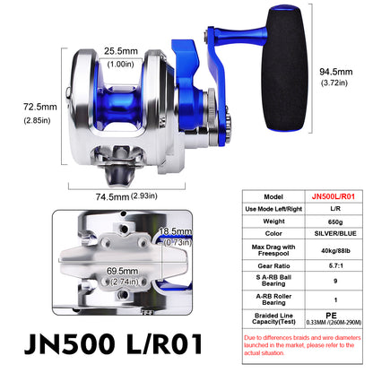 PROBEROS JN500 Jigging Reel Silver Blue JN500L/R01 and Silver Gold JN500L/R02