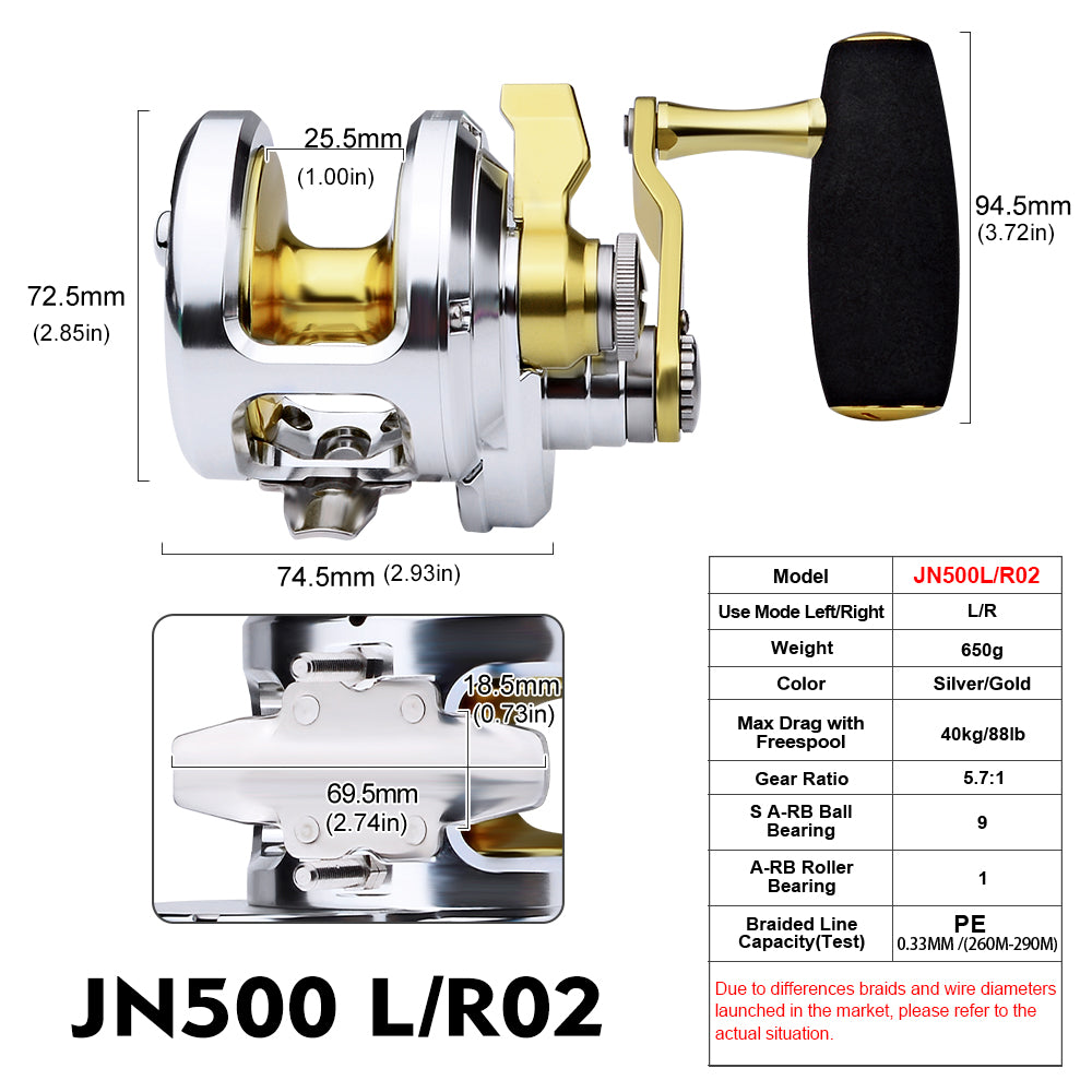 PROBEROS JN500 Jigging Reel Silver Blue JN500L/R01 and Silver Gold JN500L/R02