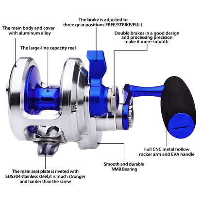 PROBEROS JN500 Silver Blue CNC Aluminum Offshore Slow Pitch Reel