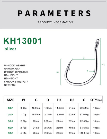 Size chart and dimensions for PROBEROS KH13001 single fishhooks from sizes 1/0 to 5/0.
