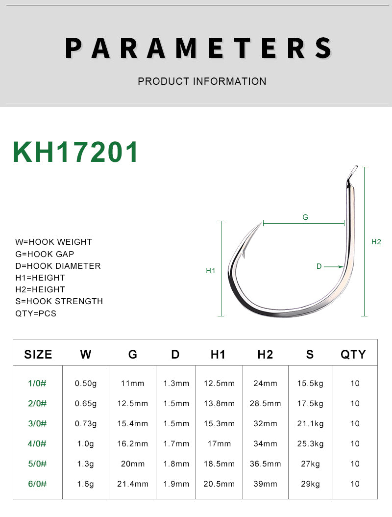 Size chart for PROBEROS KH17201 inline single fishing hooks, sizes 1/0# to 6/0#
