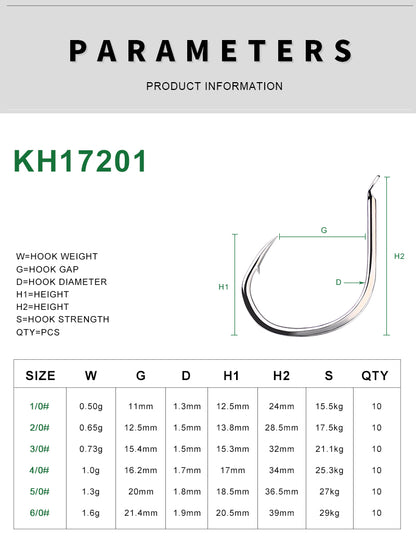 Size chart for PROBEROS KH17201 inline single fishing hooks, sizes 1/0# to 6/0#