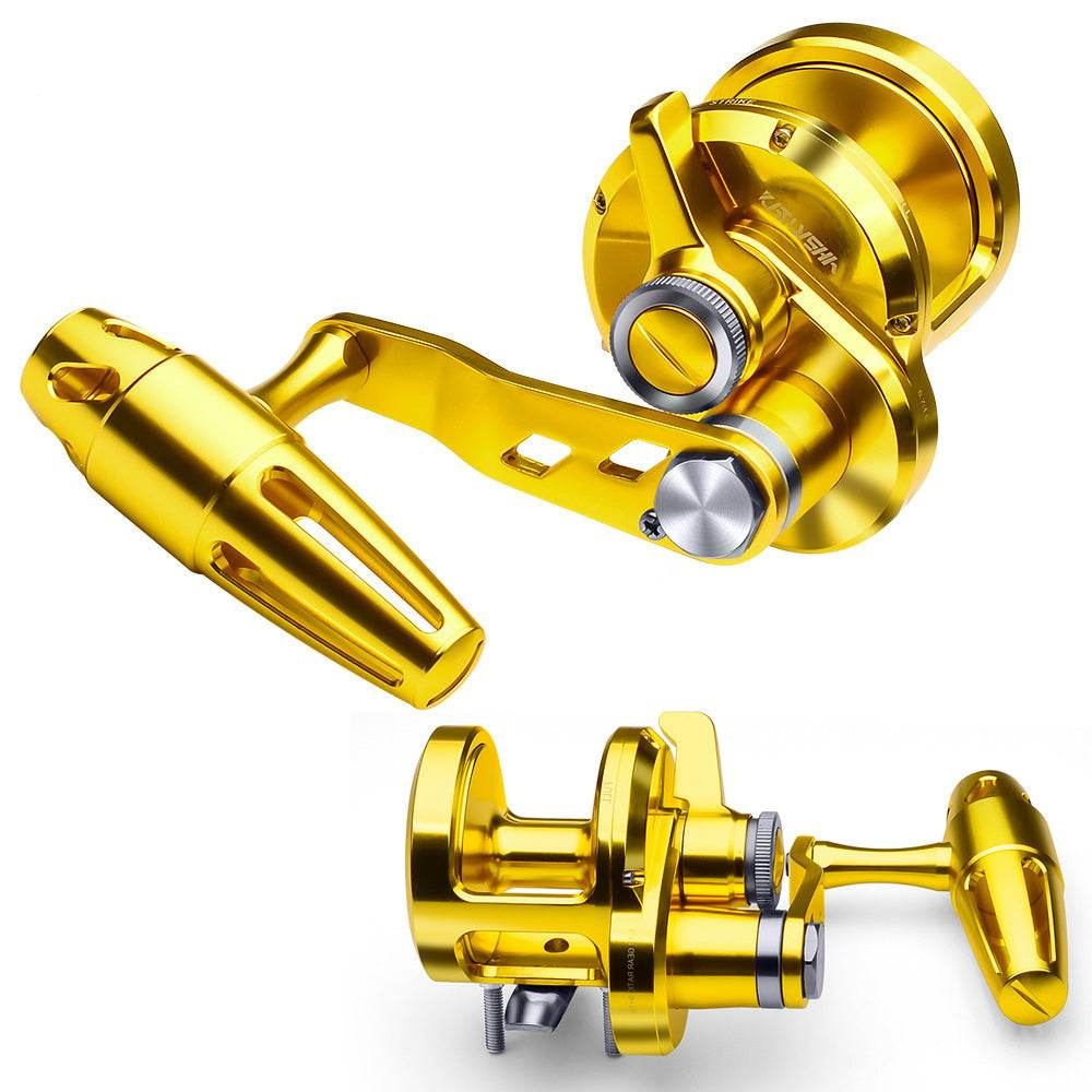 PROBEROS Slow Pitch Jigging Reel, 20kg Max Drag, Gold Left/Right Hand Slow Pitch Reel for Saltwater, KJG300 KJG400 465g/506g