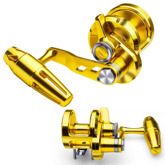 PROBEROS Slow Pitch Jigging Reel, 20kg Max Drag, Gold Left/Right Hand Slow Pitch Reel for Saltwater, KJG300 KJG400 465g/506g