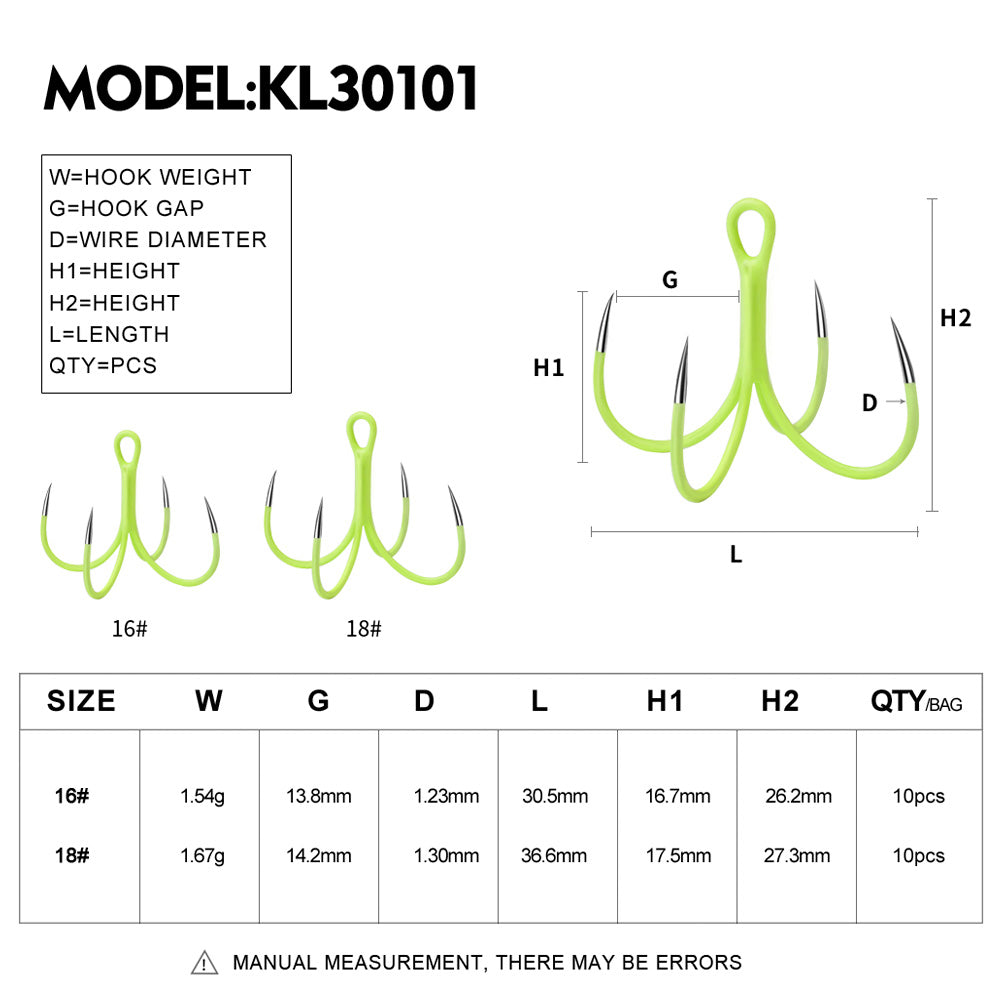 PROBEROS KL30101 size chart and dimensions for 16# and 18# barbless quadruple hooks