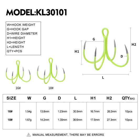 PROBEROS KL30101 size chart and dimensions for 16# and 18# barbless quadruple hooks