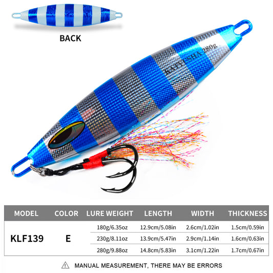 Size and weight chart for PROBEROS KLF139 slow jigging lure 180g 230g 280g