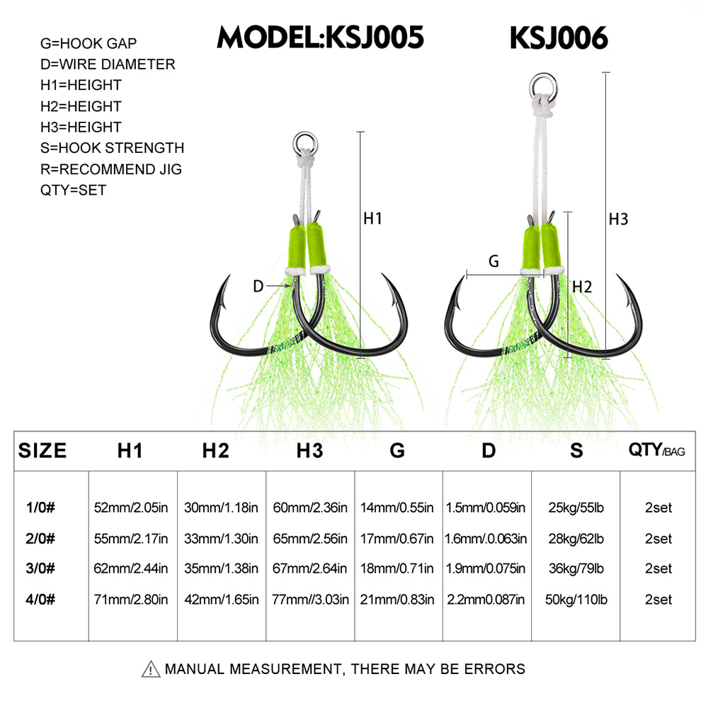 PROBEROS Assist Hooks Size Chart 1/0#-4/0# Up to 110lb Strength