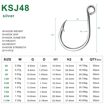 PROBEROS KSJ48 fishing hook size chart showing sizes from 6# to 11/0#