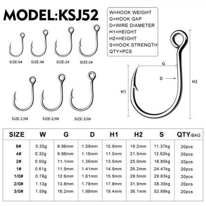 Size specification chart for PROBEROS KSJ52 single fishing hooks sizes 6#,4#,2#,1#,1/0#,2/0#,3/0#