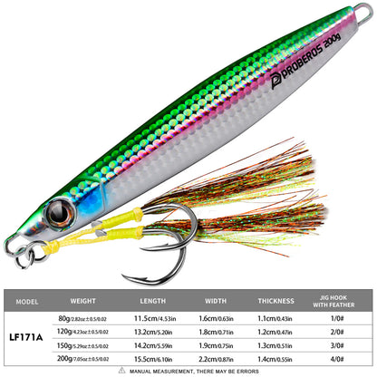 Close-up of PROBEROS lead jig showing 3D oversized eye and pre-rigged feathered assist hook