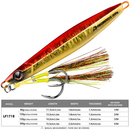 Close-up of PROBEROS lead jig showing 3D oversized eye and pre-rigged feathered assist hook