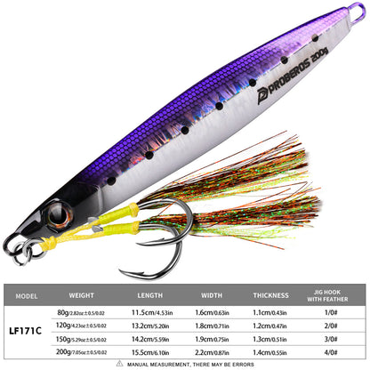 Close-up of PROBEROS lead jig showing 3D oversized eye and pre-rigged feathered assist hook