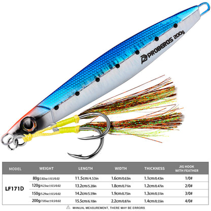 Close-up of PROBEROS lead jig showing 3D oversized eye and pre-rigged feathered assist hook