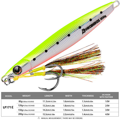 Close-up of PROBEROS lead jig showing 3D oversized eye and pre-rigged feathered assist hook