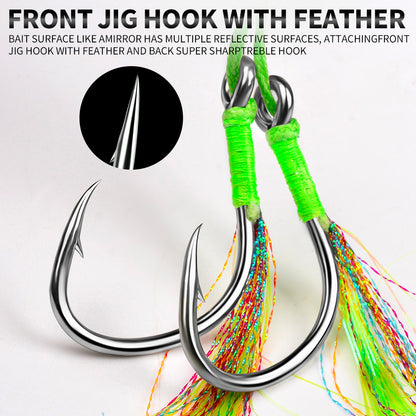 Detailed view of PROBEROS lead jig featuring metallic mirror finish and heavy-duty feathered assist hook