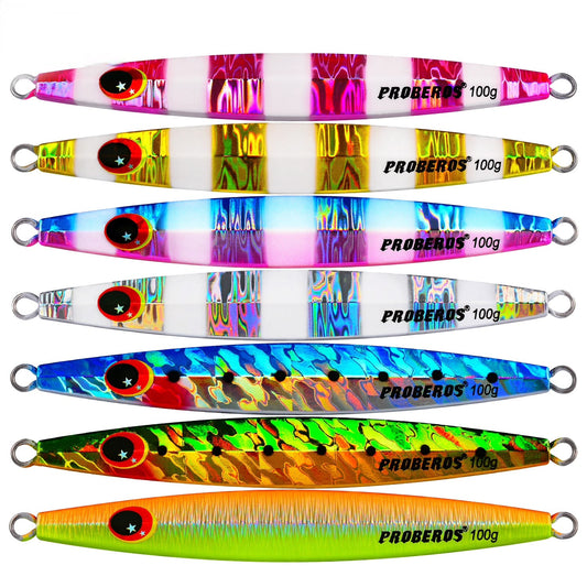 PROBEROS LF091 Jig slow jigging 60g-100g, acabado láser, ojos 3D grandes – agua salada