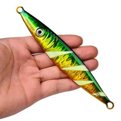 Close up of 3D lifelike eyes and laser stripe coating on PROBEROS metal jig