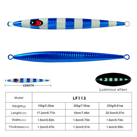 PROBEROS LF113 slow jigging lure size and weight specification chart 150g 200g 250g