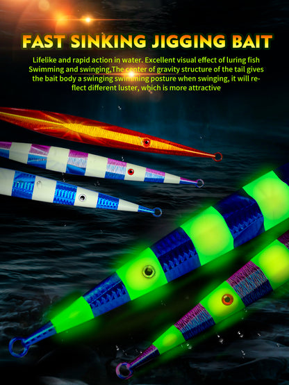 Luminous glow block in dark effect of PROBEROS LF123 slow jigging lure for deep water fishing