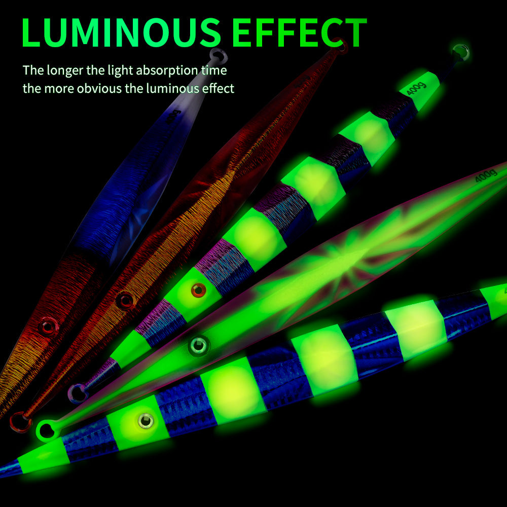Luminous glow block in dark effect of PROBEROS LF123 slow jigging lure for deep water fishing