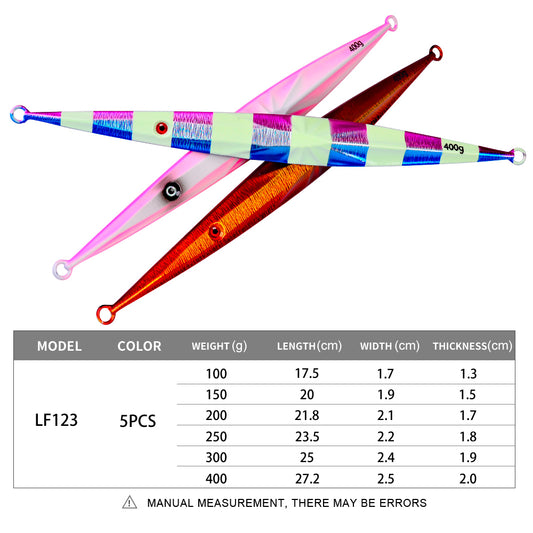 PROBEROS LF123 slow jigging lure size and weight chart from 100g 17.5cm to 400g 27.2cm
