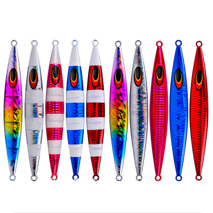 Front and back view of PROBEROS LF125 slow jigging lure showing laser holographic coating and 3D eye details