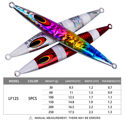 Size and weight comparison chart for PROBEROS LF125 jigs 30g to 250g