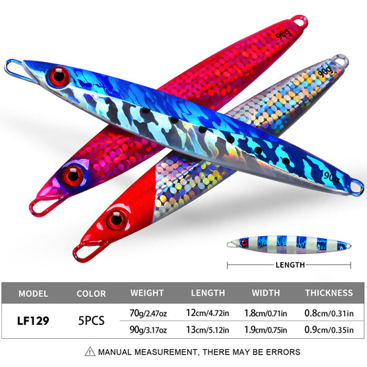 Size and weight comparison chart for PROBEROS LF129 jigs 70g 12cm and 90g 13cm