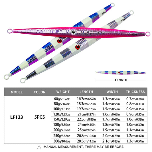 PROBEROS LF133 slow jigging lure size and weight specification chart 60g to 300g