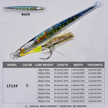 PROBEROS LF134 slow jigging lure dimensions chart showing 80g to 300g weights and lengths