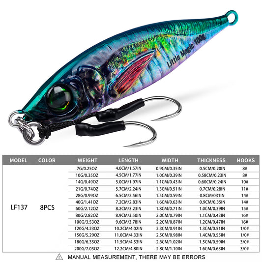Size and weight comparison chart for PROBEROS LF137 slow jigs 7g to 200g