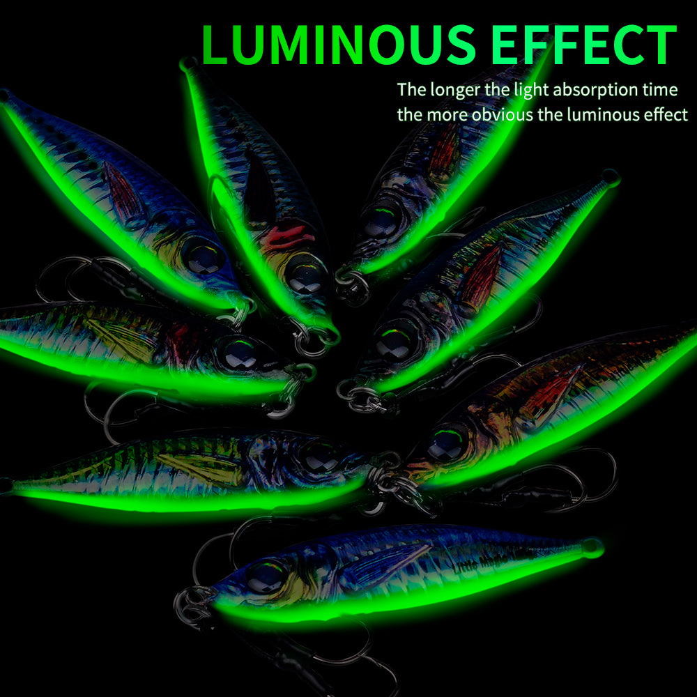 Luminous glow in dark effect on PROBEROS LF137 slow jigging bait for deep sea fishing