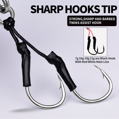 Close up of sharp high-carbon steel twin assist hooks on PROBEROS slow jigging lure