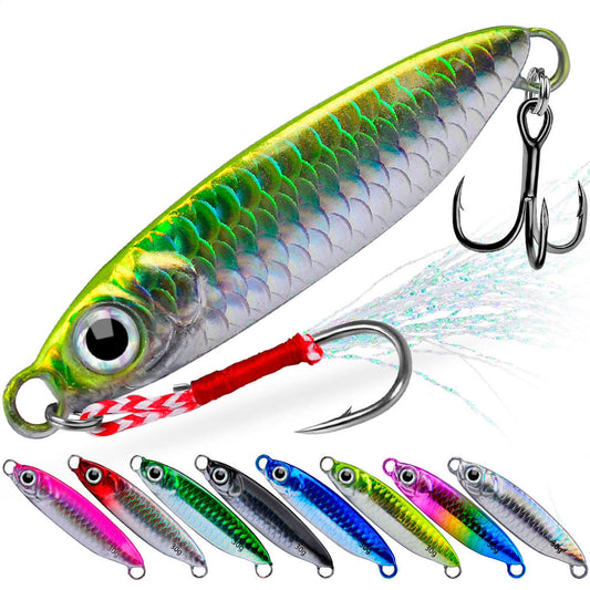 PROBEROS LF142 Micro jig 7g-30g, con anzuelos assist, con plumas – agua salada