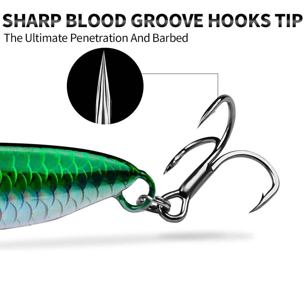 Close up of BKB blood groove treble hook and assist feather hook on PROBEROS jig