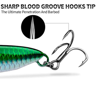 Close up of BKB blood groove treble hook and assist feather hook on PROBEROS jig