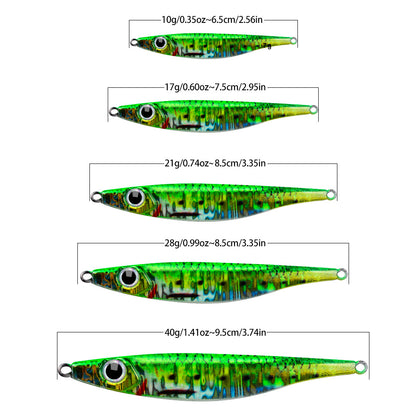 Size and weight comparison chart for PROBEROS LF143 metal jigs 10g to 40g