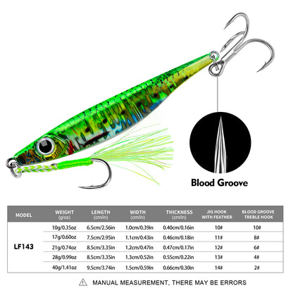 Size and weight comparison chart for PROBEROS LF143 metal jigs 10g to 40g