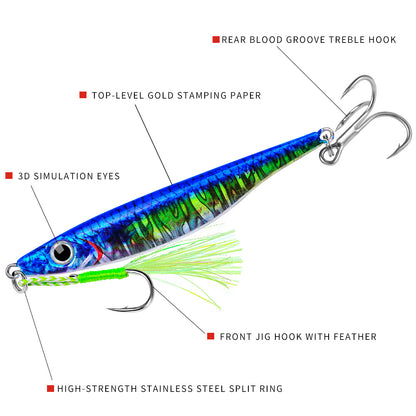 Close up of sharp BKB treble hook and assist feather hook on PROBEROS shore casting jig