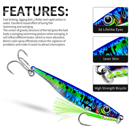 Close up of sharp BKB treble hook and assist feather hook on PROBEROS shore casting jig