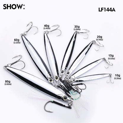 Size and weight comparison chart for PROBEROS LF144 A metal jigs 10g to 80g