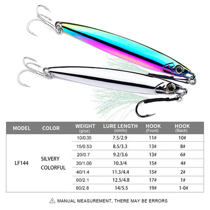 Size and weight comparison chart for PROBEROS LF144 metal jigs 10g to 80g