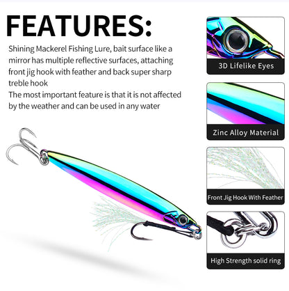 Close up of sharp corrosion-resistant treble hook and assist feather hook on PROBEROS jig