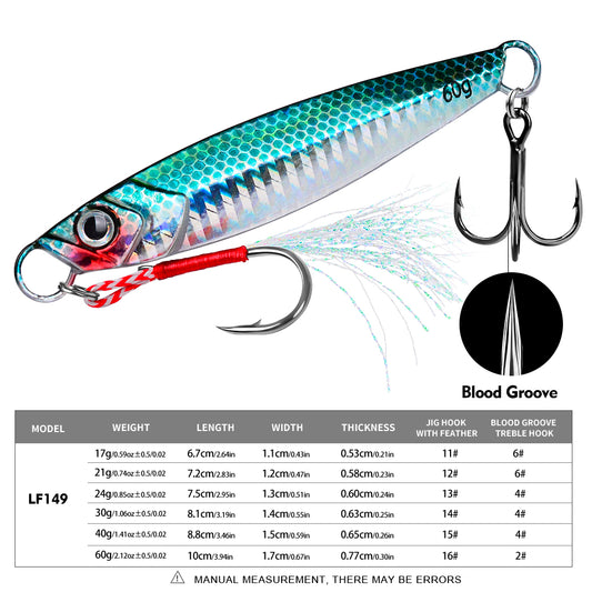 Size and weight comparison chart for PROBEROS LF149 slow jigs 17g to 60g