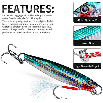Close up of sharp blood groove treble hook and assist feather hook on PROBEROS slow jigging lure